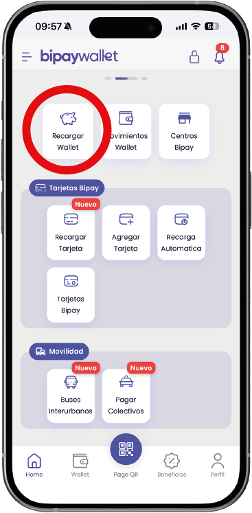 Paso 1 presionar recarga wallet